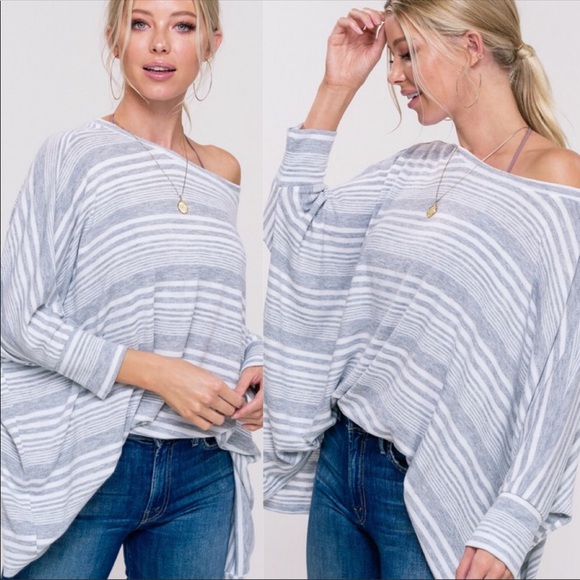NEW!  LIGHT GREY STRIPED PULLOVER TOP - Picture 4 of 5